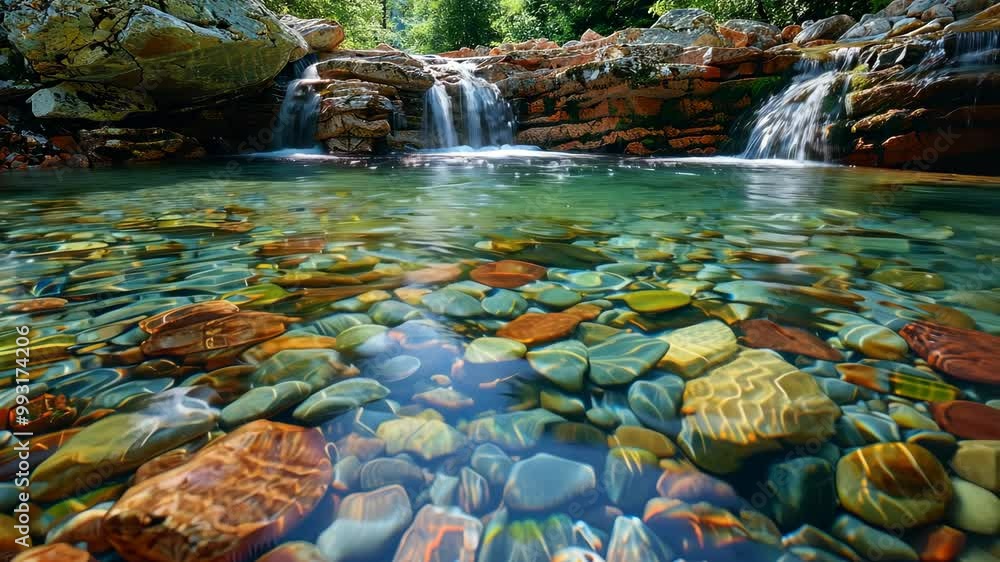 Poster a clear stream flows over smooth rocks, creating a small waterfall in a lush forest