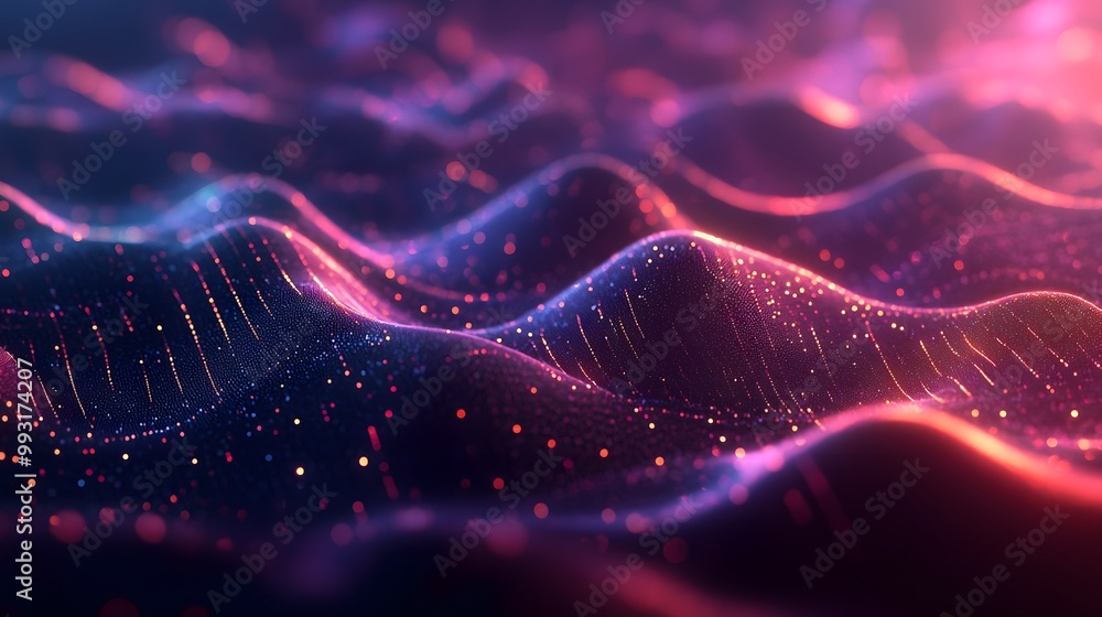 Poster Abstract Wavy Surface with Glowing Particles and Bokeh Lights