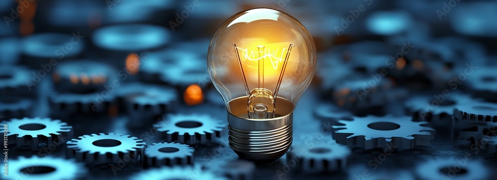 Poster illuminated bulb surrounded by gears and cogs symbolizing business concept and innovation