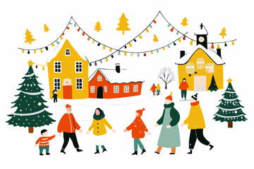 Winter Village Scene with People Walking and Festive Decorations