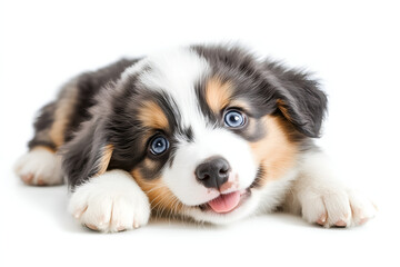 Fototapeta premium australian shepherd young dog lying on its belly and looking directly; cute small puppy isolated on white background; studio shot