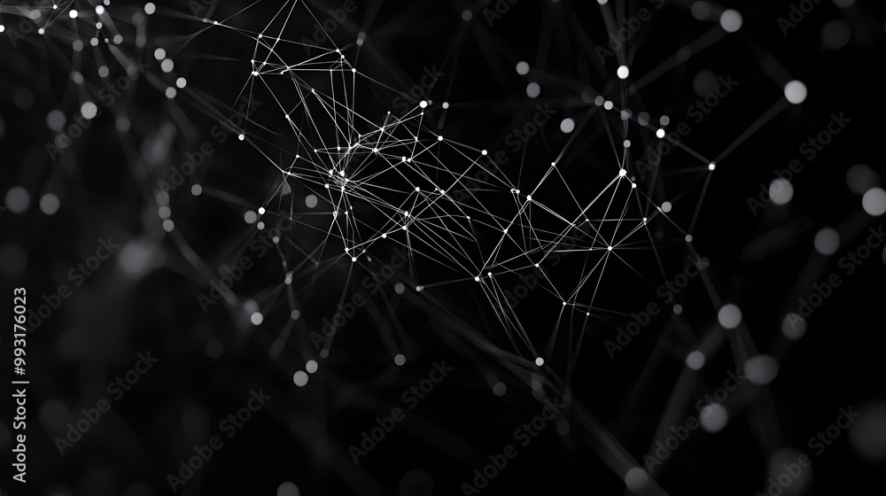 Poster abstract white network of lines and dots on black background