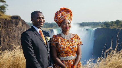 Vibrant Zambian Wedding Couple in Traditional Ceremonial Attire Against Majestic Victoria Falls Backdrop - Full Body Shot