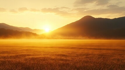  A field of tall grass faces the setting sun, while mountains loom in the background and fog fills the foreground