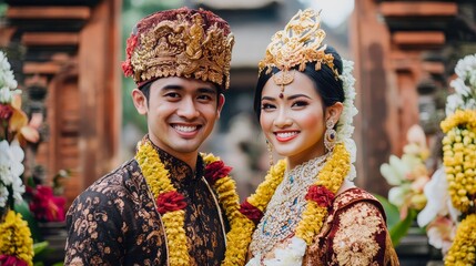 Authentic Balinese Love: Traditional Indonesian Wedding Couple in Temple Setting Wearing Elegant Attire, Full Body View