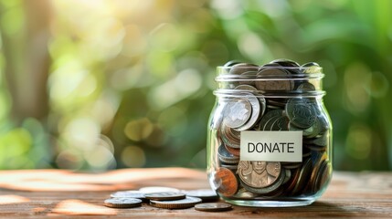 A glass jar filled with coins and paper money, labeled DONATE, on a wooden table 
