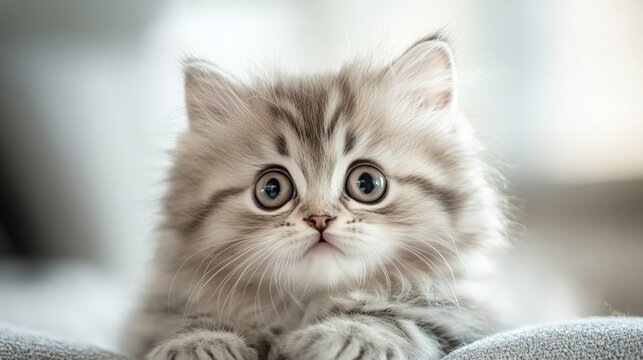 Cute, fluffy kitten with big, round eyes looking directly at the camera. Soft fur and adorable expression make this a heartwarming image.