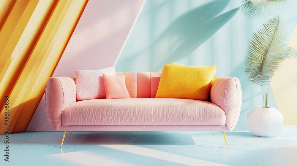 Poster 3d rendering of a soft sofa in a creatively designed geometric interior space featuring an axonometr