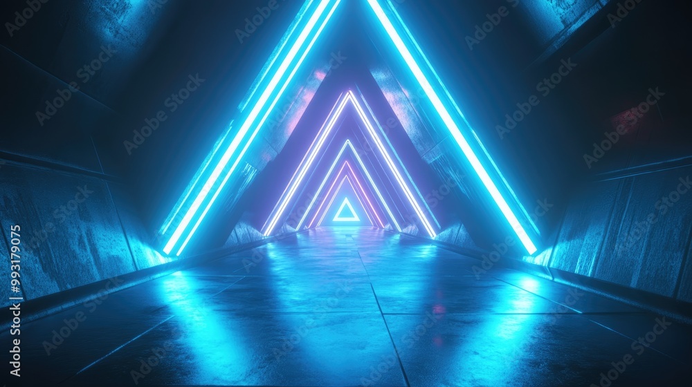 Poster 3d rendering of an abstract geometric background featuring a blue neon lit triangle tunnel