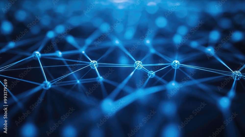 Poster abstract blue background featuring a network grid with interconnected particles