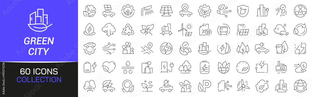 Poster green city line icons collection. thin outline icons pack. ui icon collection. set of line web picto