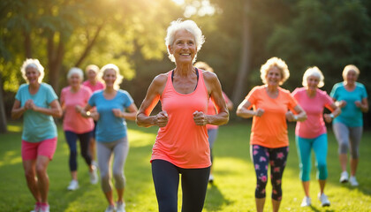 Fototapeta premium Elderly women exercise outdoors with a fitness instructor in a sunny, lively park scene.