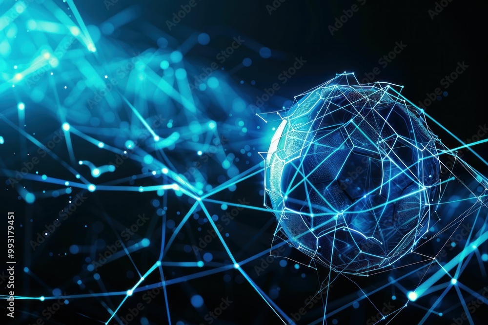 Poster abstract digital globe with interconnected lines glows in a dark background, symbolizing technology 