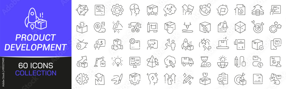 Aufkleber product development line icons collection. thin outline icons pack. ui icon collection. set of line 