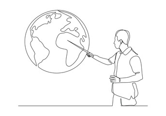 Continuous single line sketch drawing of standing presenter man doing presentation pointing on world earth globe with stick explain map weather meteorology prediction. One line art vector illustration