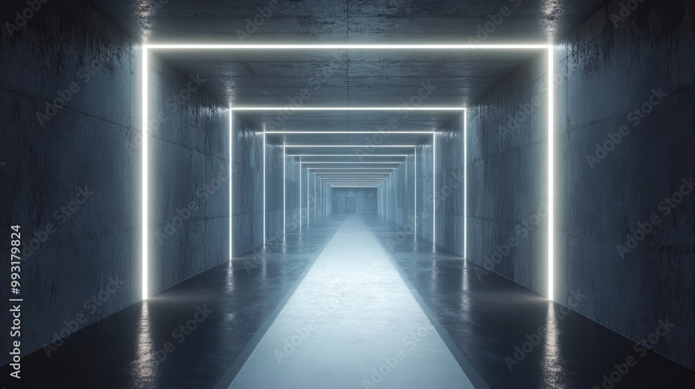Poster 3d render of an abstract urban background featuring an illuminated empty corridor with concrete wall