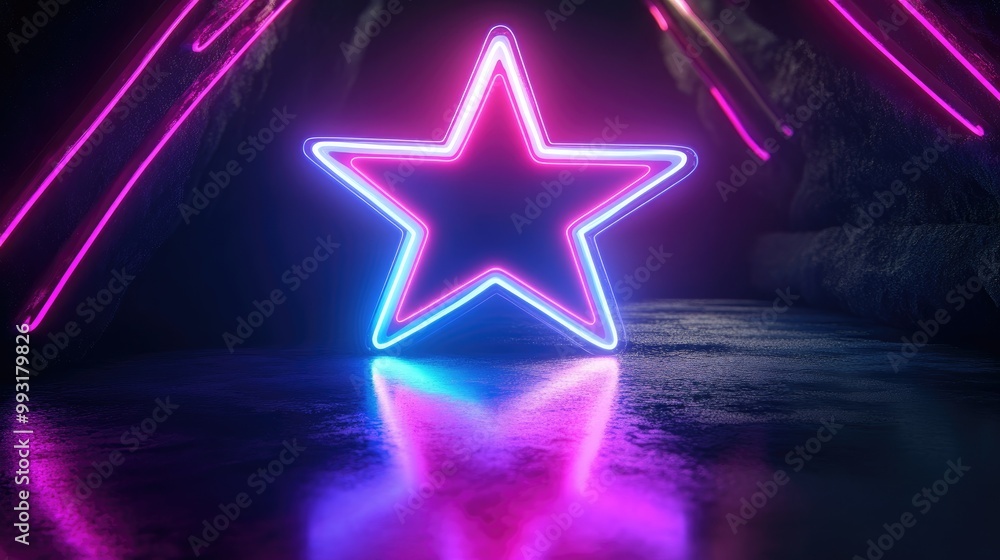 Poster 3d rendering of a glowing ultraviolet neon star shape featuring luminescent lines an abstract portal