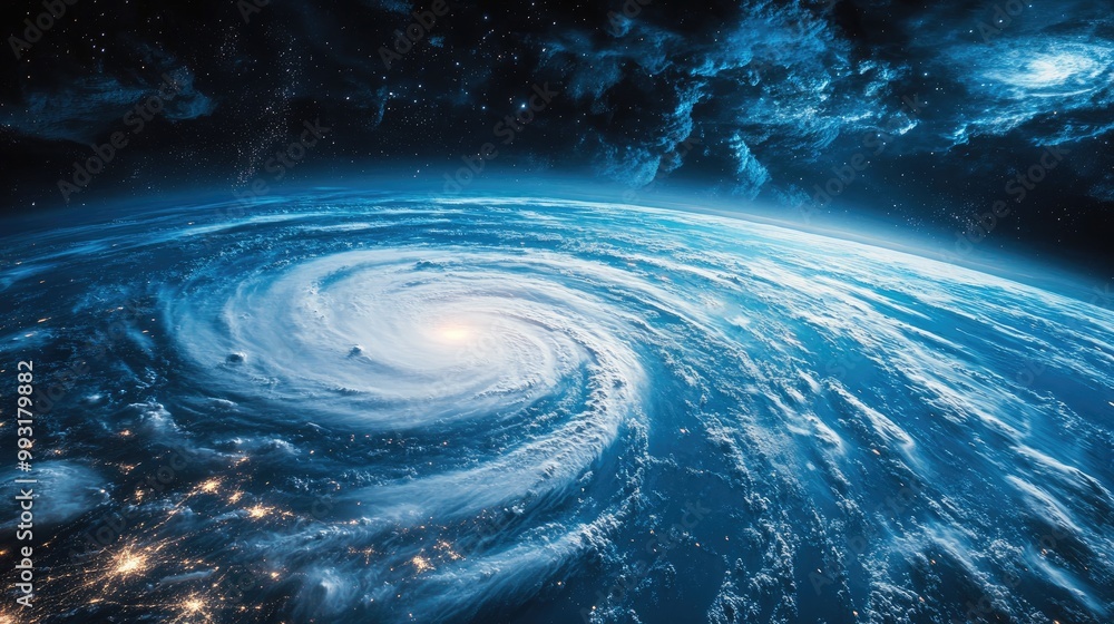 Poster cyclonic storm in outer space with a view from above the planet