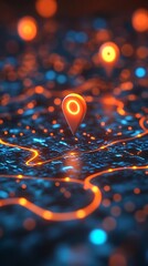 3D Illustration of a Navigation Pin on a Circuit Board with Glowing Lights