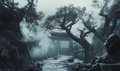 Obraz premium Misty path leads to ancient temple.