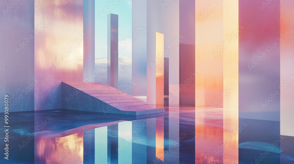 Aufkleber an ethereal backdrop featuring abstract geometric forms and reflective surfaces