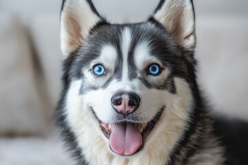 Obraz premium Close-up of a happy Siberian Husky with bright blue eyes, tongue out, and smiling expression Generative AI