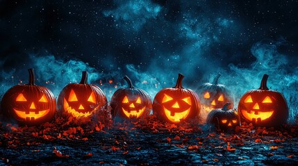 Naklejka premium A cluster of pumpkins perched atop a mound of foliage, framing a celestial panorama