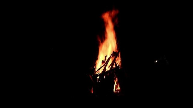 View loop of burning firewoods, bright firecamp with sparks at night, Camp fire in the night. Exploring the wildness travelling in outdoor