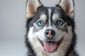 Obraz premium Close-up of a happy Siberian Husky with bright blue eyes, tongue out, and smiling expression Generative AI