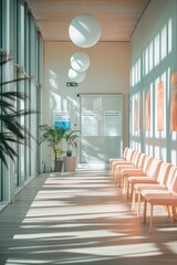 A bright, modern waiting area with chairs and plants, illuminated by natural light.