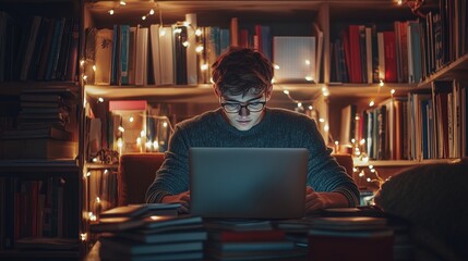 Obraz premium A focused individual works on a laptop surrounded by illuminated bookshelves, creating an inviting atmosphere for studying or writing.