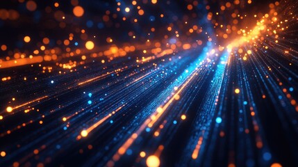 Abstract background of high speed data transmission featuring glowing digital lines and particles in vibrant blue and orange colors