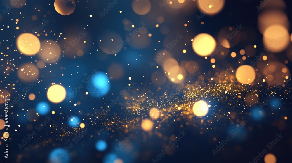 Poster blue and gold glowing particles create an abstract bokeh background
