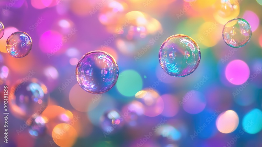 Poster a collection of floating bubbles set against a vibrant rainbow hued backdrop enhanced by bokeh effec