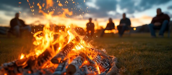 A warm campfire glows as friends gather around under a twilight sky, sharing stories and creating lasting memories.