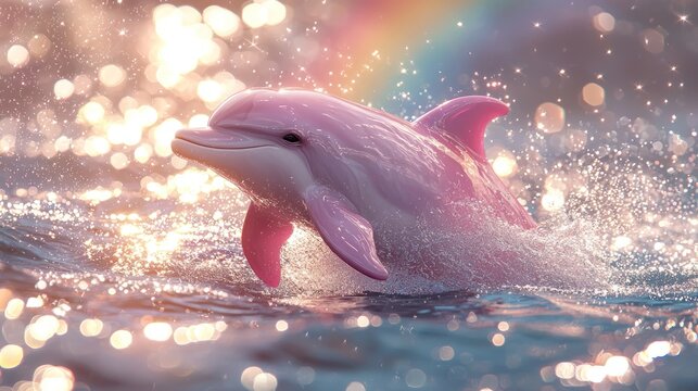 Magical pink dolphin jumping out of the ocean with a rainbow in the background under a vibrant, glowing sky Generative AI