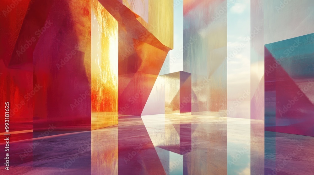 Poster an ethereal backdrop featuring abstract geometric forms and reflective surfaces