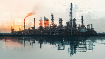 blurry, city, skyline, large, industrial, area, sense, chaos, disarray, buildings, factory, plant, oil, structures, refinery, energy, gas, technology, appearing, chemical, pollution, petrochemical, pr