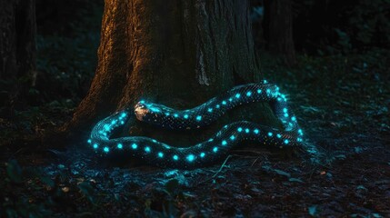 Bioluminescent robotic snake coiled around a tree trunk , glowing in the darkness of the forest