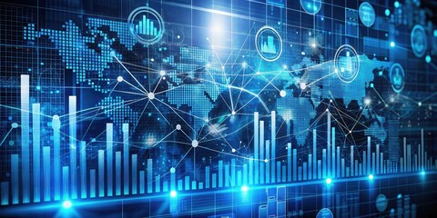 Naklejka premium High-tech stock photo background featuring futuristic data analytics, charts, and digital interfaces with glowing elements, symbolizing business intelligence technology