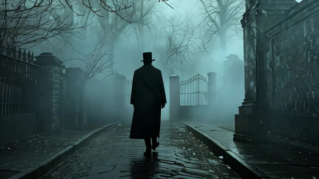 A lone figure walks down a misty cobblestone path in a graveyard