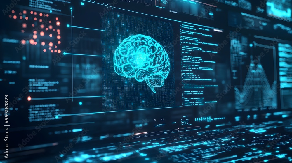 Poster digital brain representation on a futuristic interface