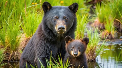 Naklejka premium maternal love, protection, scenery, cute, high angle, greenery, bear species, A high angle shot of a black bear mother with her cub in Alligator River National Wildlife Refuge