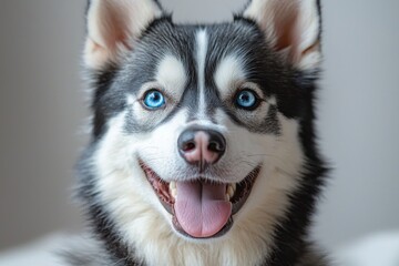 Obraz premium Close-up of a happy Siberian Husky dog with bright blue eyes and tongue out, smiling joyfully Generative AI