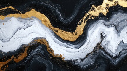 Fototapeta premium Abstract acrylic fluid art featuring white and black waves with a liquid gold curve resembling a marble texture and inspired by the fake kintsugi technique