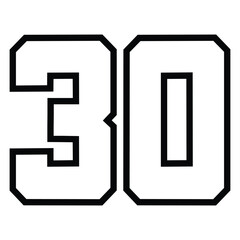 30 Classic Vintage Sport Jersey / Uniform numbers in black with a black outside contour line number on white background for American football, Baseball and Basketball or soccer for shirt