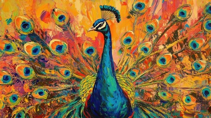 A peacock proudly displays its vibrant plumage with feathers fully extended
