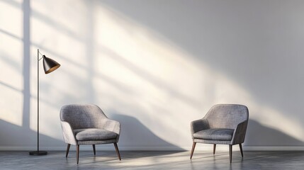 3D rendering of two chairs positioned near a floor lamp in front of a white wall
