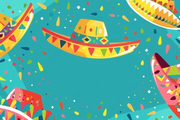 Colorful Mexican Sombreros with Festive Confetti on Turquoise Background