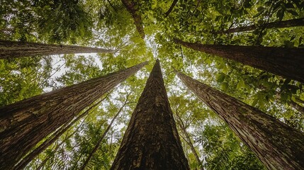   A cluster of towering trees adjoining on a verdant forest brimming with myriad emerald foliage